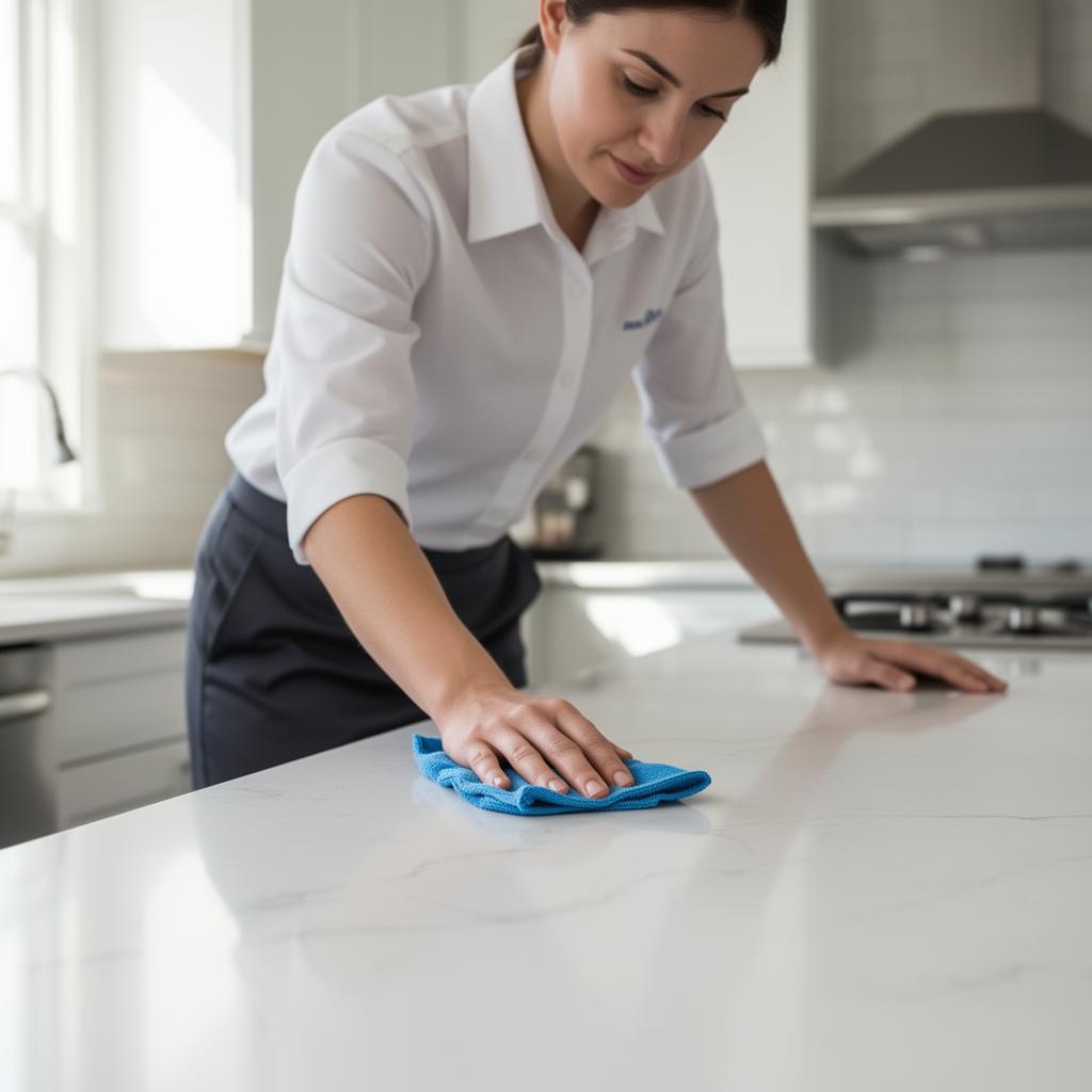 Professional cleaner polishing a kitchen countertop