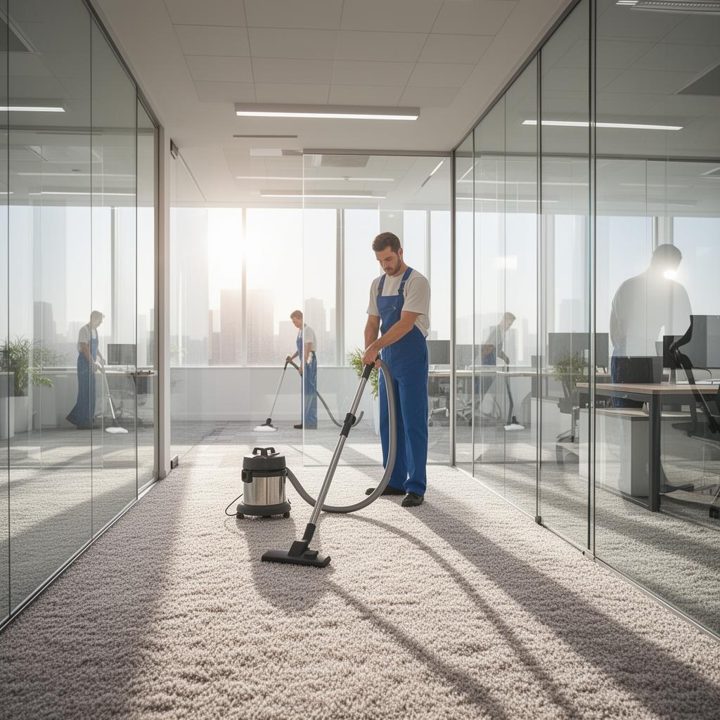 Office carpet being vacuumed by a cleaning professional