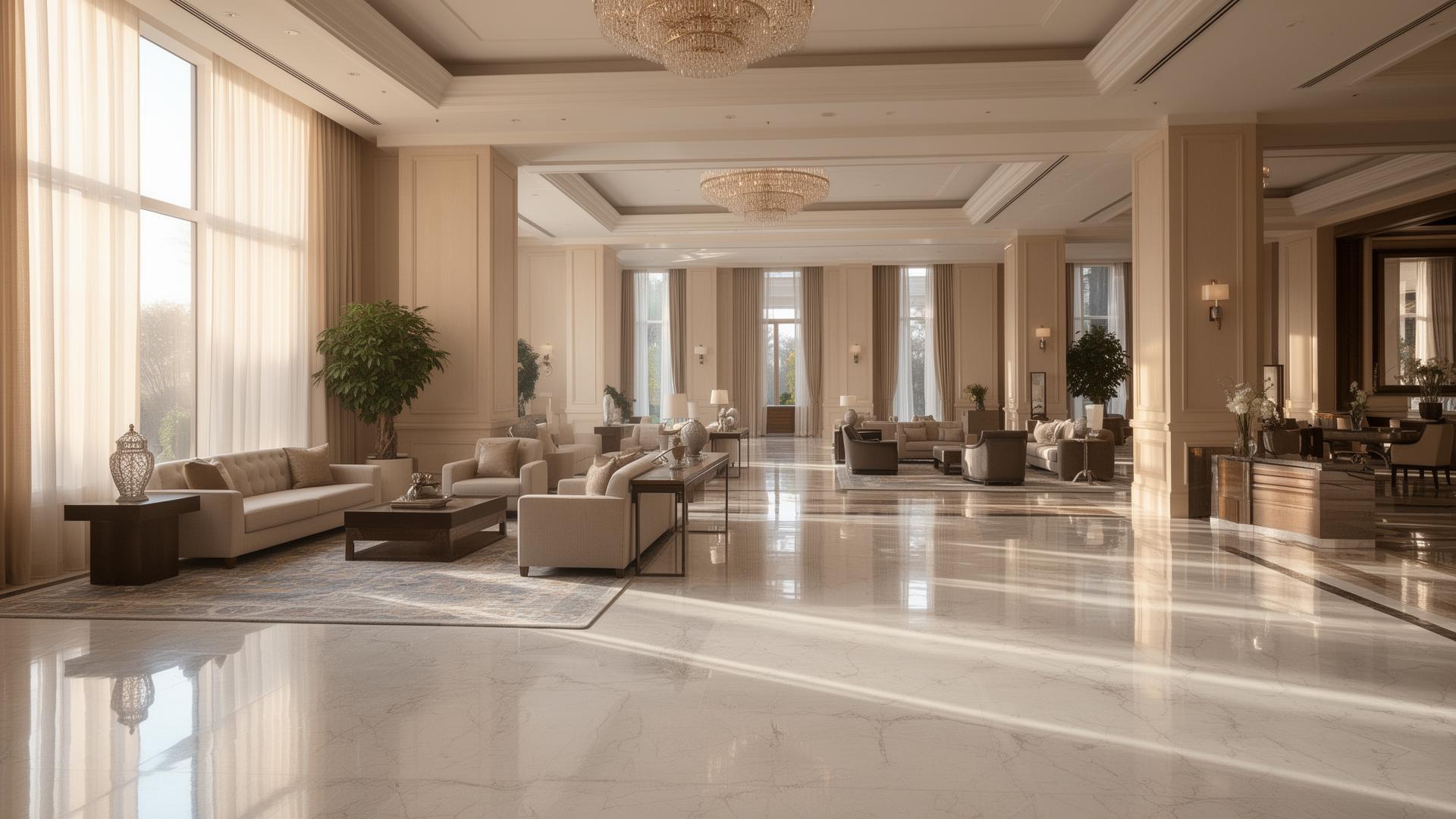 Pristine luxury lobby after facilities cleaning